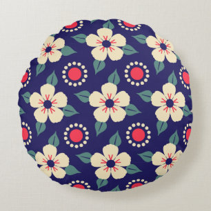 Navy Blue with Cream Flowers Round Pillow