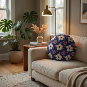 Navy Blue with Cream Flowers Round Pillow