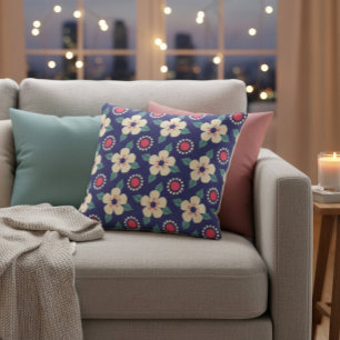 Navy Blue with Cream Flowers Throw Pillow