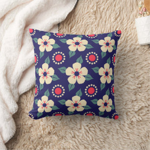 Navy Blue with Cream Flowers Throw Pillow