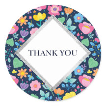 Navy Blue with Cute Flowers Thank You Sticker