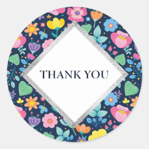 Navy Blue with Cute Flowers Thank You Sticker