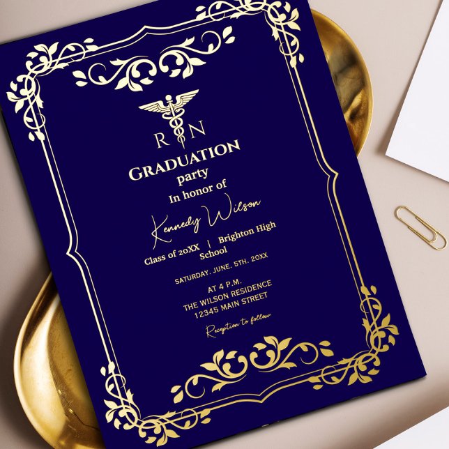 Navy Blue with Gold Ornate Frame Graduation  (Elegant navy blue and gold graduation design with an ornate frame. #navyblue #goldframe #decorative)