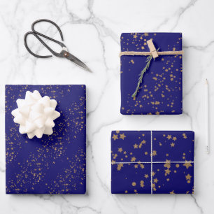  Navy blue with gold stars double joint birthday Wrapping Paper Sheet