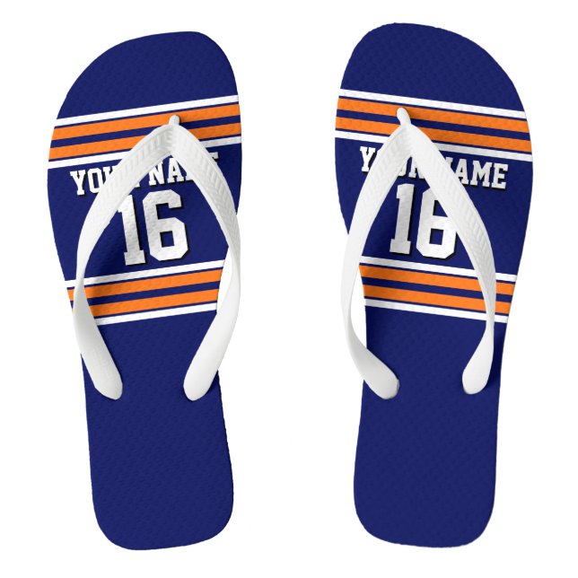 Navy Blue with Orange White Stripes Team Jersey Flip Flops (Footbed)