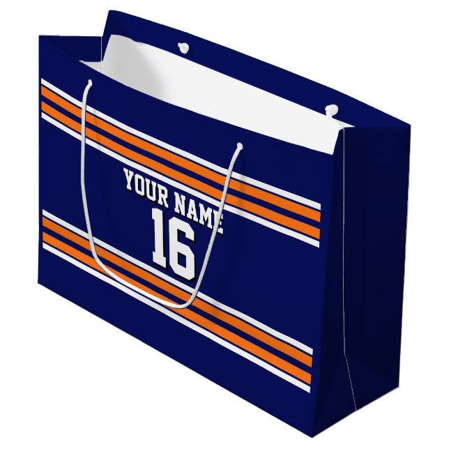 Navy Blue with Orange White Stripes Team Jersey Large Gift Bag (Front Angled)