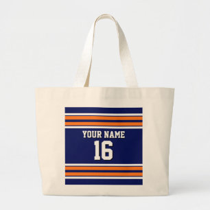 Navy Blue with Orange White Stripes Team Jersey Large Tote Bag