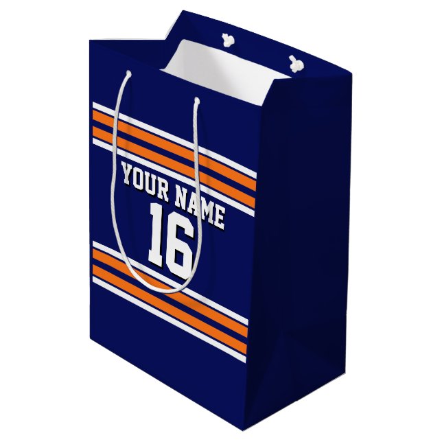 Navy Blue with Orange White Stripes Team Jersey Medium Gift Bag (Back Angled)