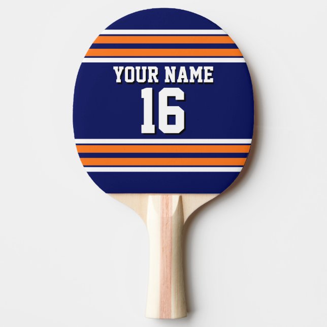 Navy Blue with Orange White Stripes Team Jersey Ping Pong Paddle (Front)