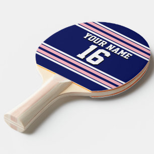 Navy Blue with Pink White Stripes Team Jersey Ping Pong Paddle