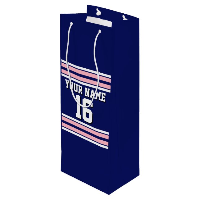 Navy Blue with Pink White Stripes Team Jersey Wine Gift Bag (Back Angled)