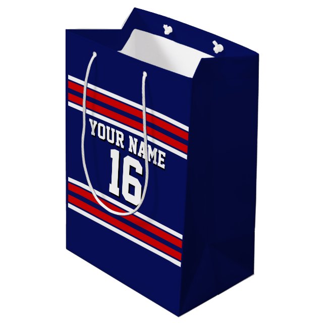 Navy Blue with Red White Stripes Team Jersey Medium Gift Bag (Back Angled)