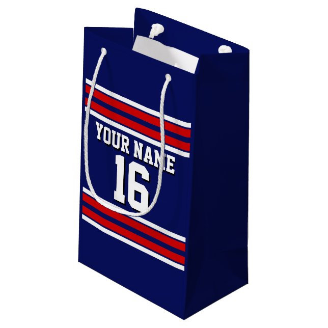 Navy Blue with Red White Stripes Team Jersey Small Gift Bag (Back Angled)