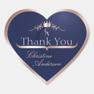 Navy Blue with Rose Gold Frame Monogram Thank You Heart Sticker