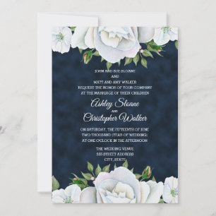 Navy Blue with White Floral Wedding Invitation