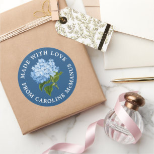 Navy Blue with White Hydrangea Made with Love Classic Round Sticker
