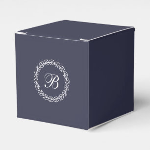 Navy Blue with  White Laurel Wreath with Monogram Favor Box