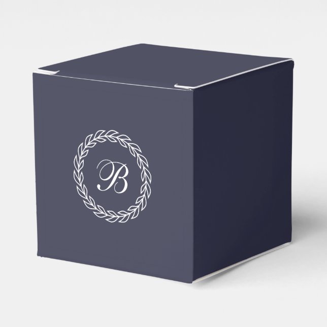 Navy Blue with  White Laurel Wreath with Monogram Favor Box (Front Side)