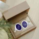 Navy Blue with White Stylized Monogram Cufflinks<br><div class="desc">A pair of sterling silver plated, round cufflinks for the fashionable man to match his outfit that feature a trendy, navy blue colour along with his name printed in white, upper case letters and superimposed with white, stylized initials. Personalize your cufflinks by editing and replacing name and initials as desired....</div>