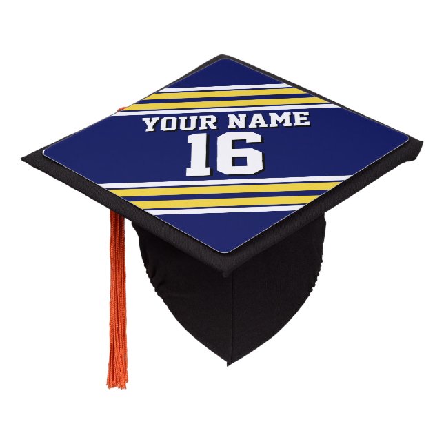 Navy Blue with Yellow White Stripes Team Jersey Graduation Cap Topper (Angled)