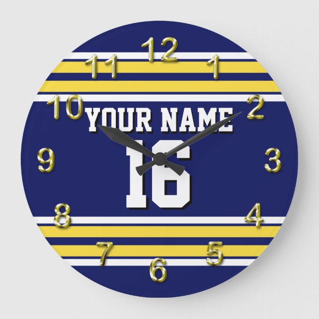 Navy Blue with Yellow White Stripes Team Jersey Large Clock (Front)