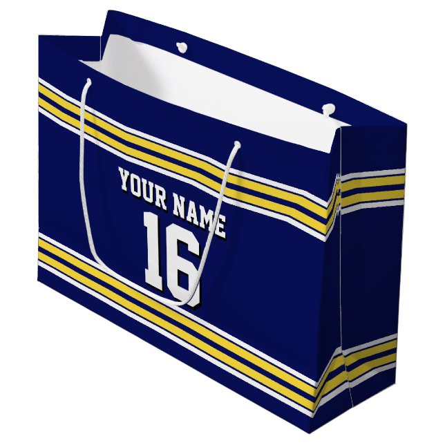 Navy Blue with Yellow White Stripes Team Jersey Large Gift Bag (Front Angled)