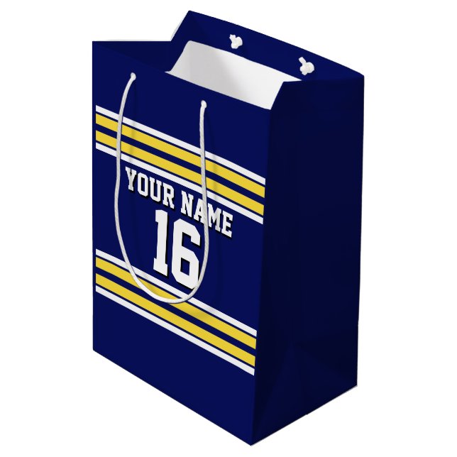 Navy Blue with Yellow White Stripes Team Jersey Medium Gift Bag (Back Angled)