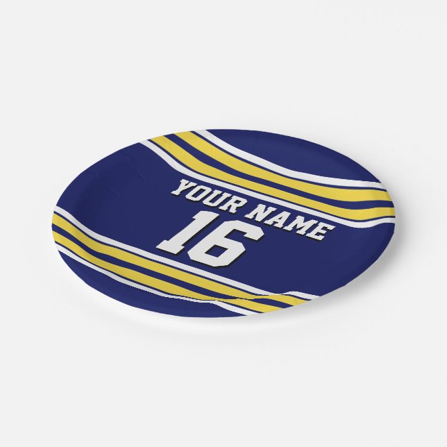 Navy Blue with Yellow White Stripes Team Jersey Paper Plate (Angled)