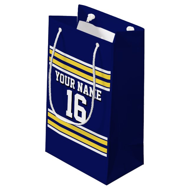 Navy Blue with Yellow White Stripes Team Jersey Small Gift Bag (Back Angled)