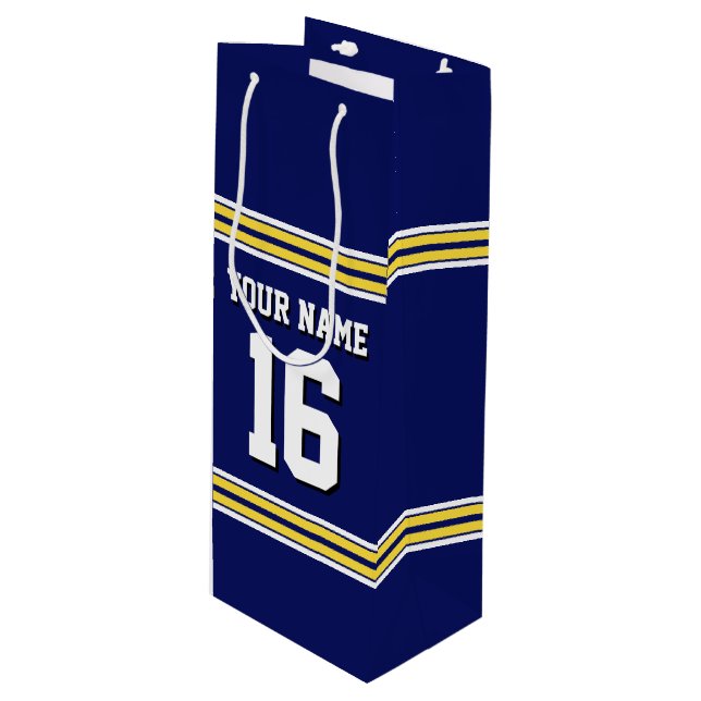 Navy Blue with Yellow White Stripes Team Jersey Wine Gift Bag (Front Angled)