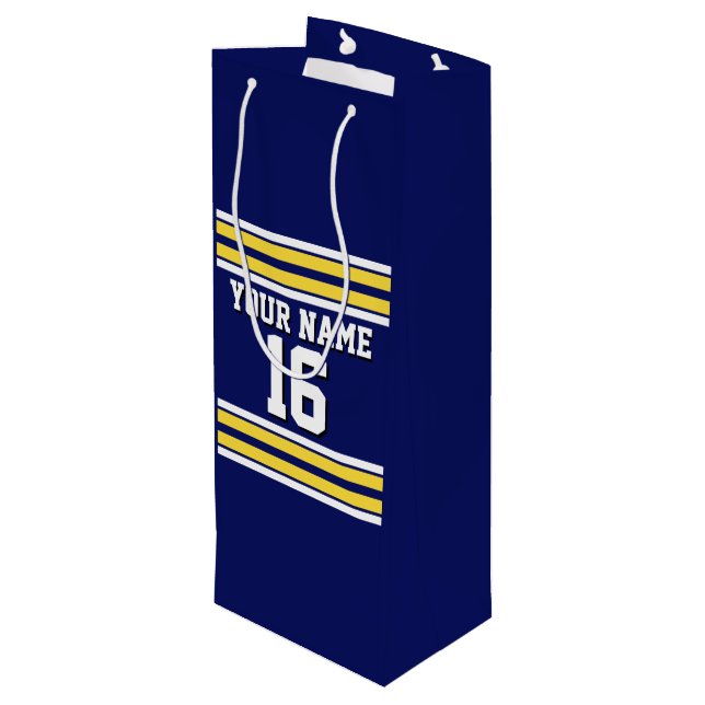Navy Blue with Yellow White Stripes Team Jersey Wine Gift Bag (Back Angled)