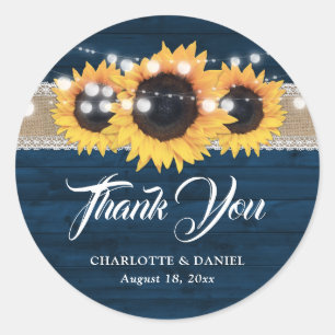 Navy Blue Wood Burlap Lace Sunflower Wedding Classic Round Sticker