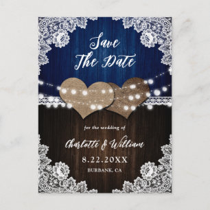 Navy Blue Wood Burlap Lace Wedding Save The Date Announcement Postcard