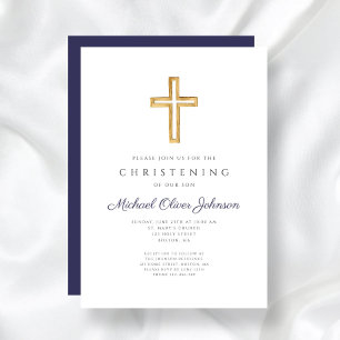 Navy Blue Wood Cross Religious Boy Christening Invitation