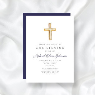 Navy Blue Wood Cross Religious Boy Christening Invitation