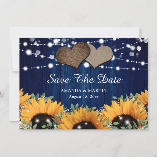 Navy Blue Wood Eucalyptus Baby's Breath Sunflower Save The Date (Front)