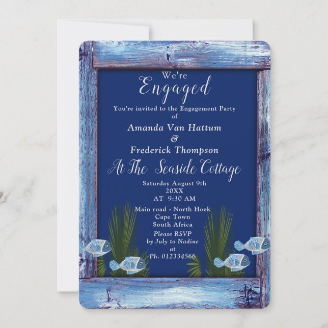 Navy - Blue  Wood & Fish Engagement Invitation (Front)