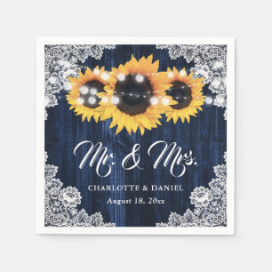 Navy Blue Wood Floral Lace Sunflower Wedding Napkin