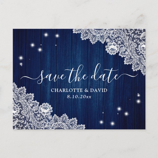 Navy Blue Wood Floral Lace Wedding Save The Date Announcement Postcard (Front)