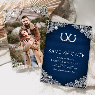 Navy Blue Wood Horseshoe Lace Photo Wedding Save The Date