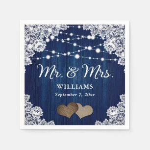 Navy Blue Wood Lace Hearts String Lights Wedding Napkin