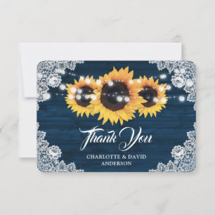 Navy Blue Wood Lace Lights Sunflower Wedding Thank You Card