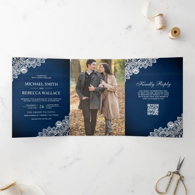 Navy Blue Wood Lace Photo QR Code Wedding Tri-Fold Invitation (Inside)