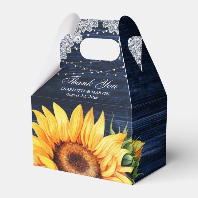Navy Blue Wood Lace String Lights Sunflower Favor Box (Front Side)