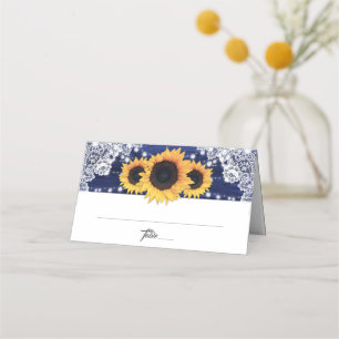 Navy Blue Wood Lace String Lights Sunflower Place Card