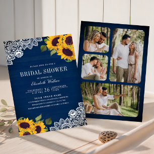 Navy Blue Wood Lace Sunflower Photo Bridal Shower Invitation