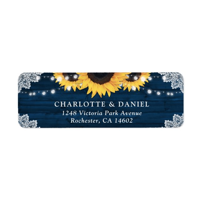 Navy Blue Wood Lace Sunflower Return Address (Front)