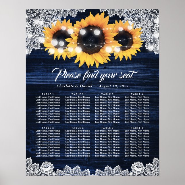 Navy Blue Wood Lace Sunflower Rustic Seating Chart (Front)