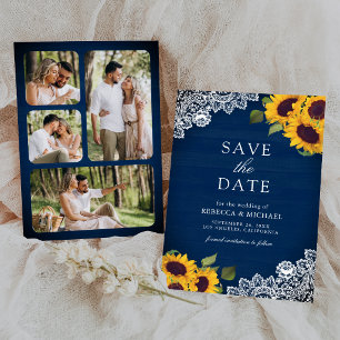 Navy Blue Wood Lace Sunflower Wedding Photo Save The Date