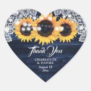 Navy Blue Wood Lace Sunflower Wedding Thank You Heart Sticker